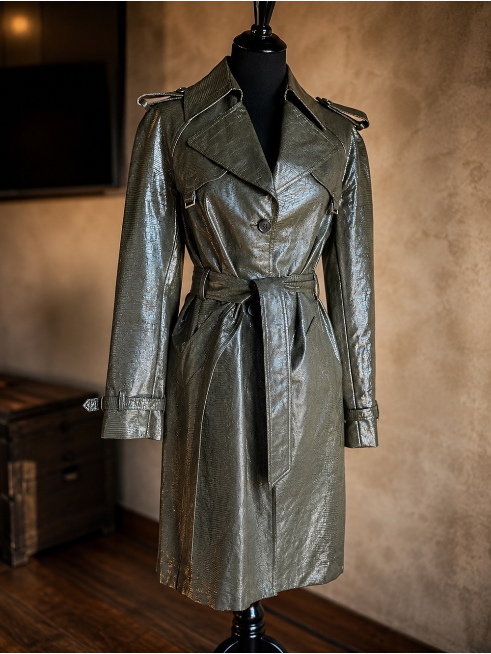 Alvin Valley Shiny Olive Trench Coat with Belt